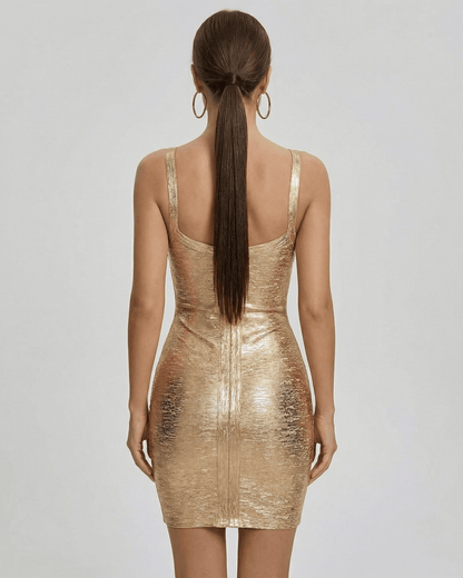 Orion Mini Dress by Lauven - Luxe gold bodycon silhouette with V-neck, showcasing a smooth metallic finish from the back.