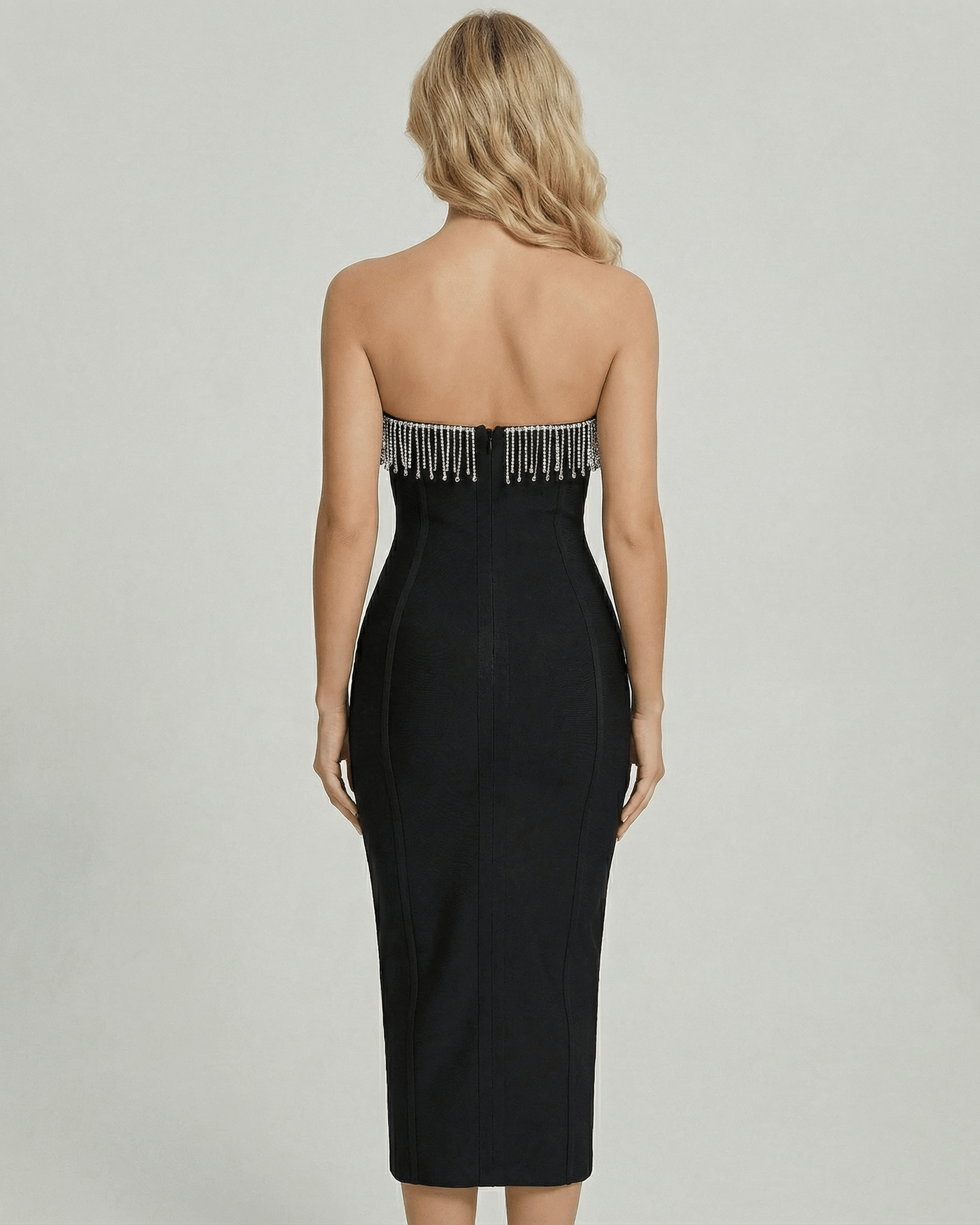 Orion Midi Dress by Lauven, showcasing elegant strapless design and stunning beaded V-neckline from the back.