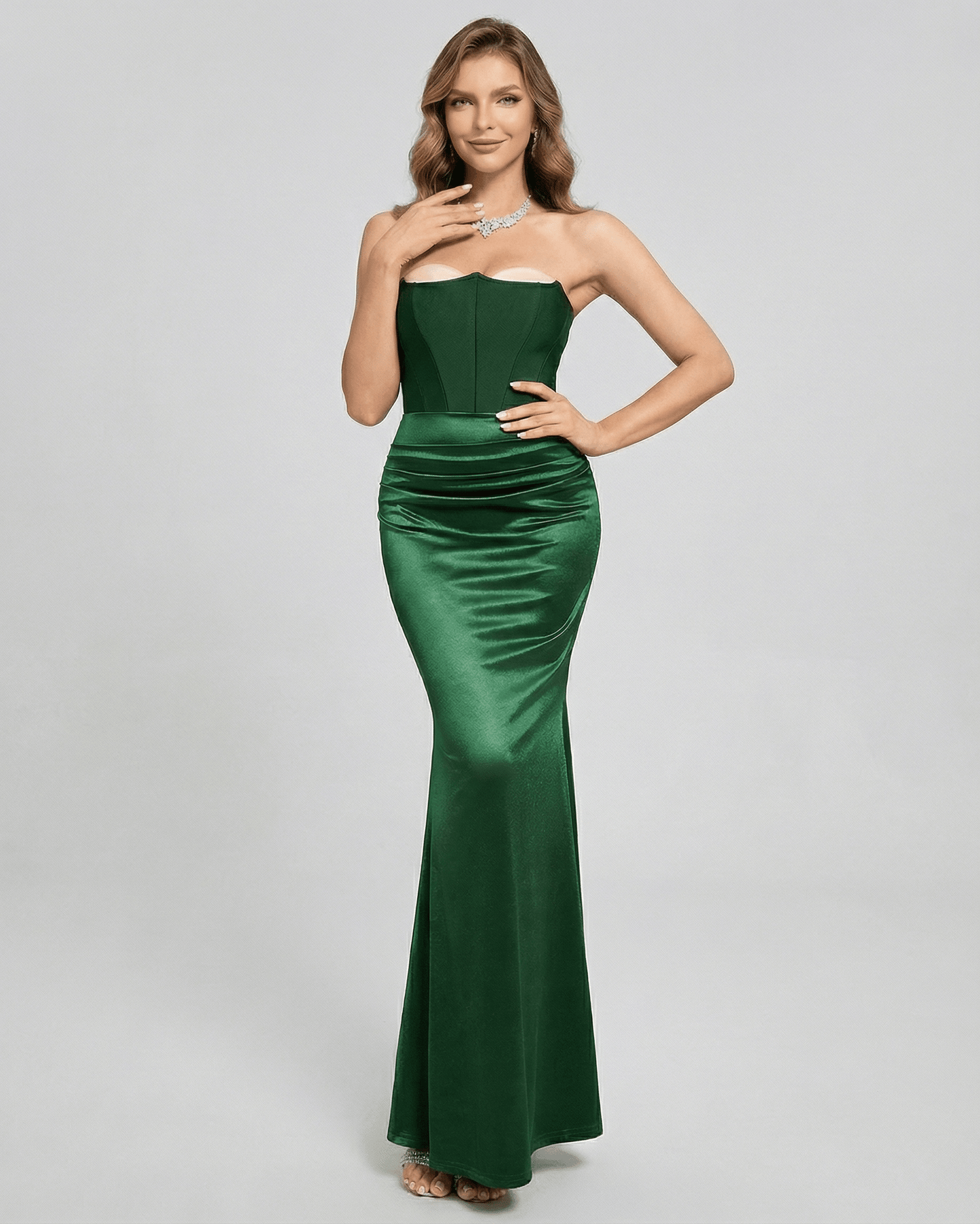Celeste Maxi Dress by Lauven, elegant strapless green satin dress with a fitted bodice and sleek silhouette.
