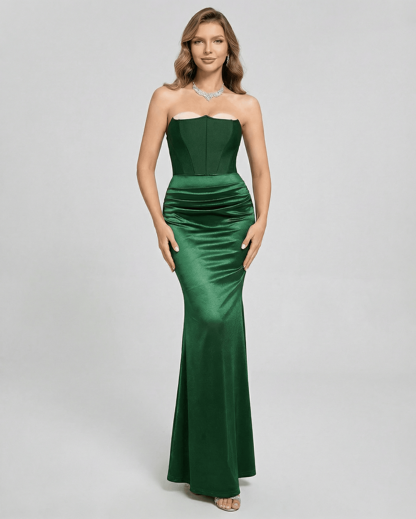 Celeste Maxi Dress by Lauven - Elegant strapless green satin maxi dress with a fitted bodice.