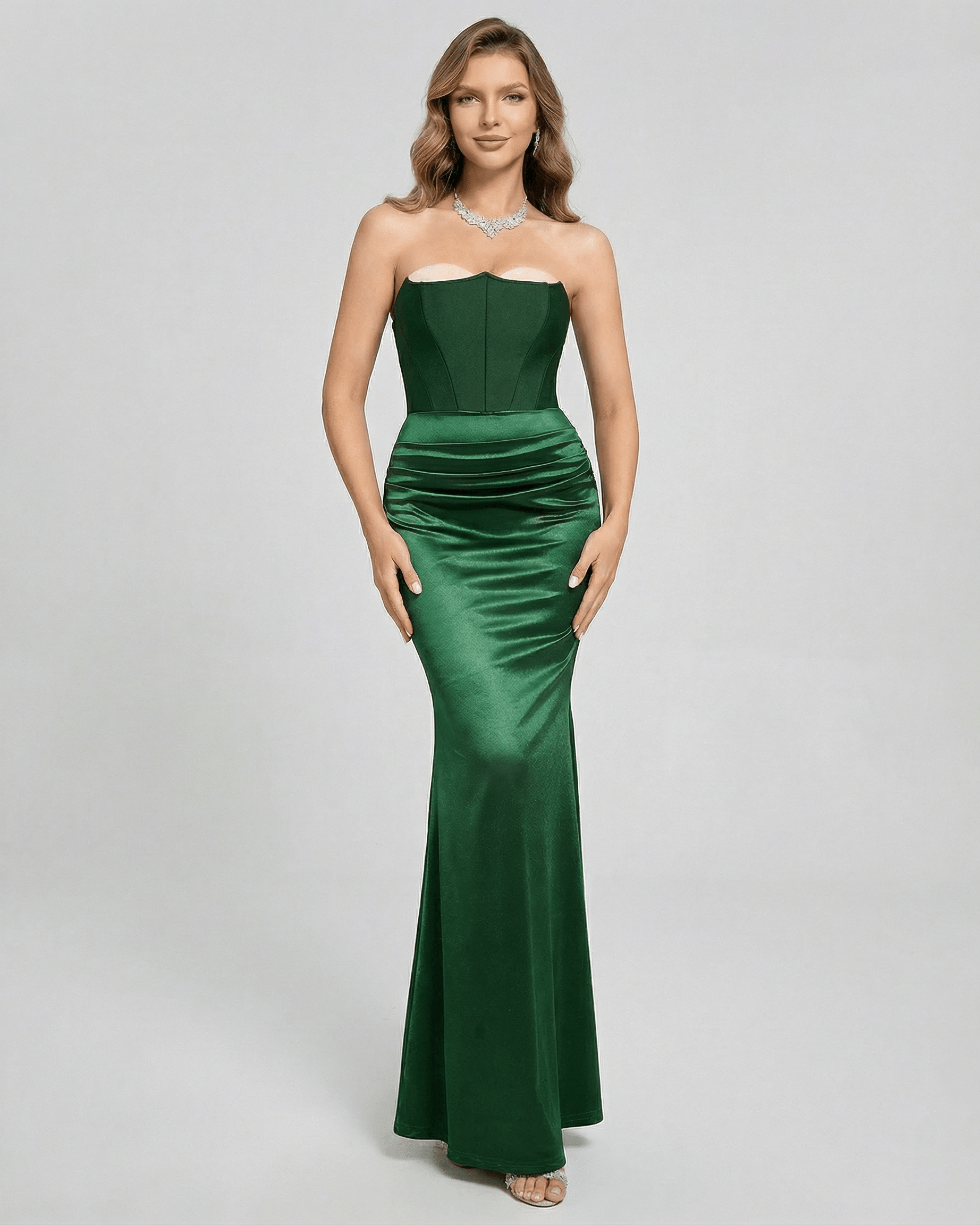 Celeste Maxi Dress by Lauven - Elegant strapless green satin maxi dress with a fitted bodice.