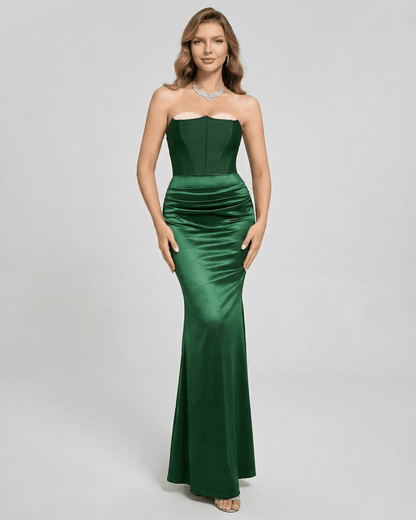 Celeste Maxi Dress by Lauven - Elegant strapless green satin maxi dress with a fitted bodice.