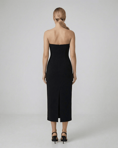 Celeste Midi Dress by Lauven, showcasing a sleek silhouette and elegant back design for timeless evening wear.