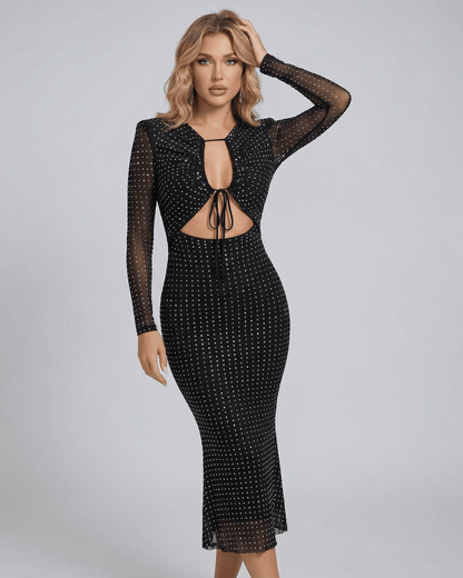 Nova Midi Dress by Lauven – Black Sheer Long Sleeve Sheath Midi Dress for Party & Evening