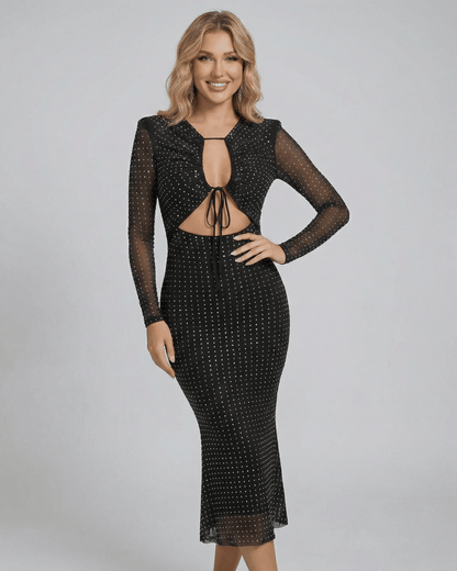 Nova Midi Dress by Lauven – Black sheer long sleeve sheath dress for party and evening wear.