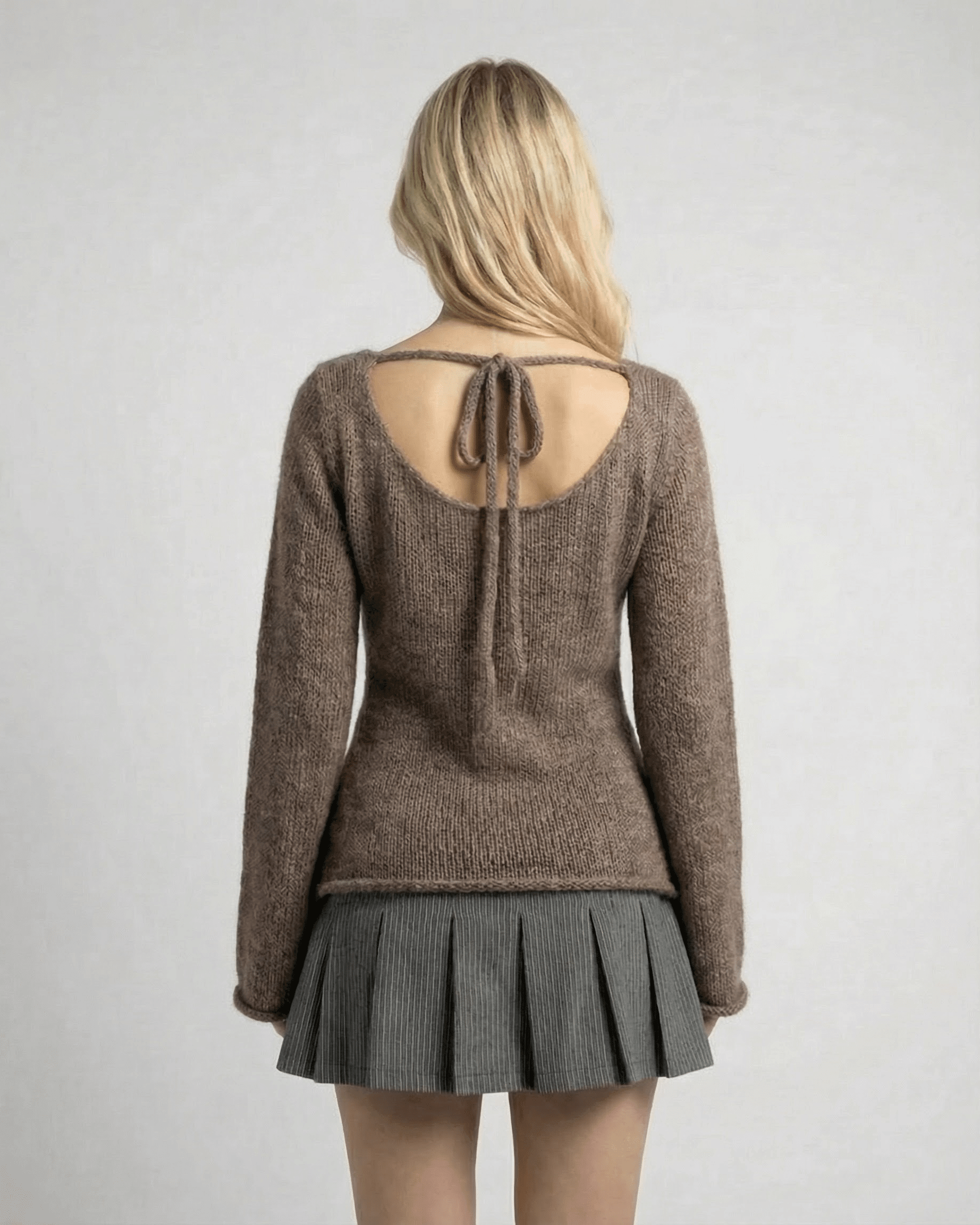 Sienna Sweater by Lauven - Women's brown knit sweater with flare sleeve and round neck from the back.