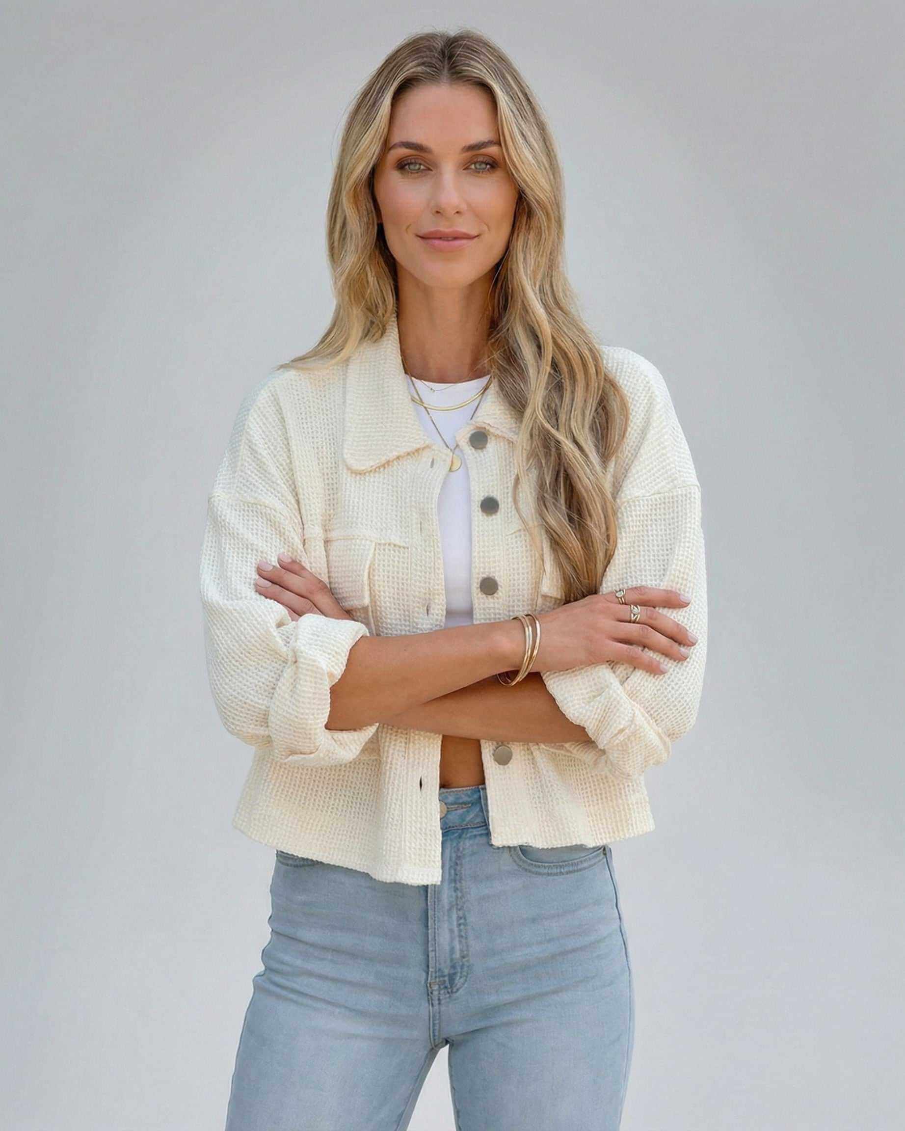 Sahara Jacket by Lauven - Women's cropped cream oversized jacket, perfect for layering and contemporary style.