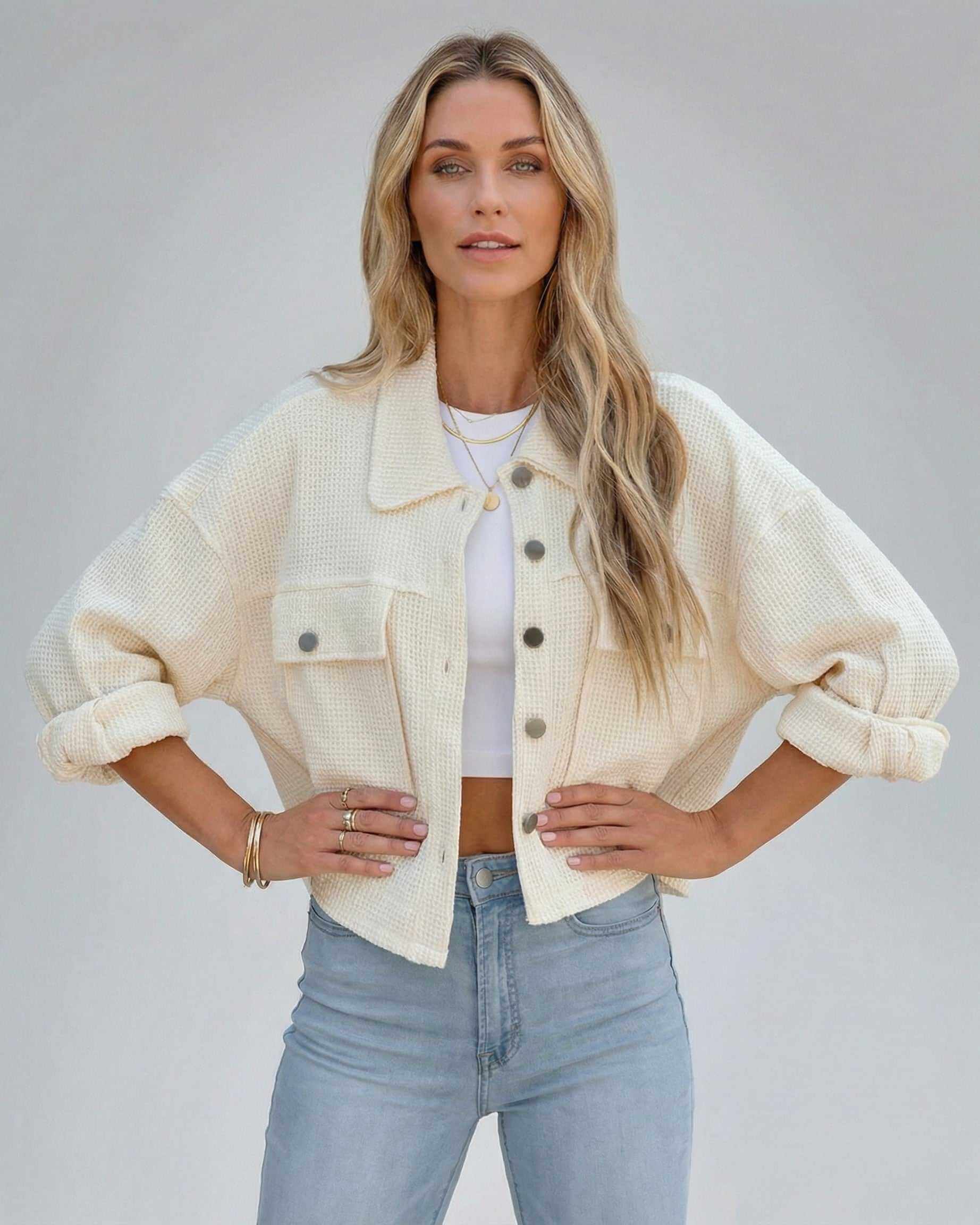Sahara Jacket by Lauven - Women’s Cropped Jacket in Cream with Oversized Silhouette