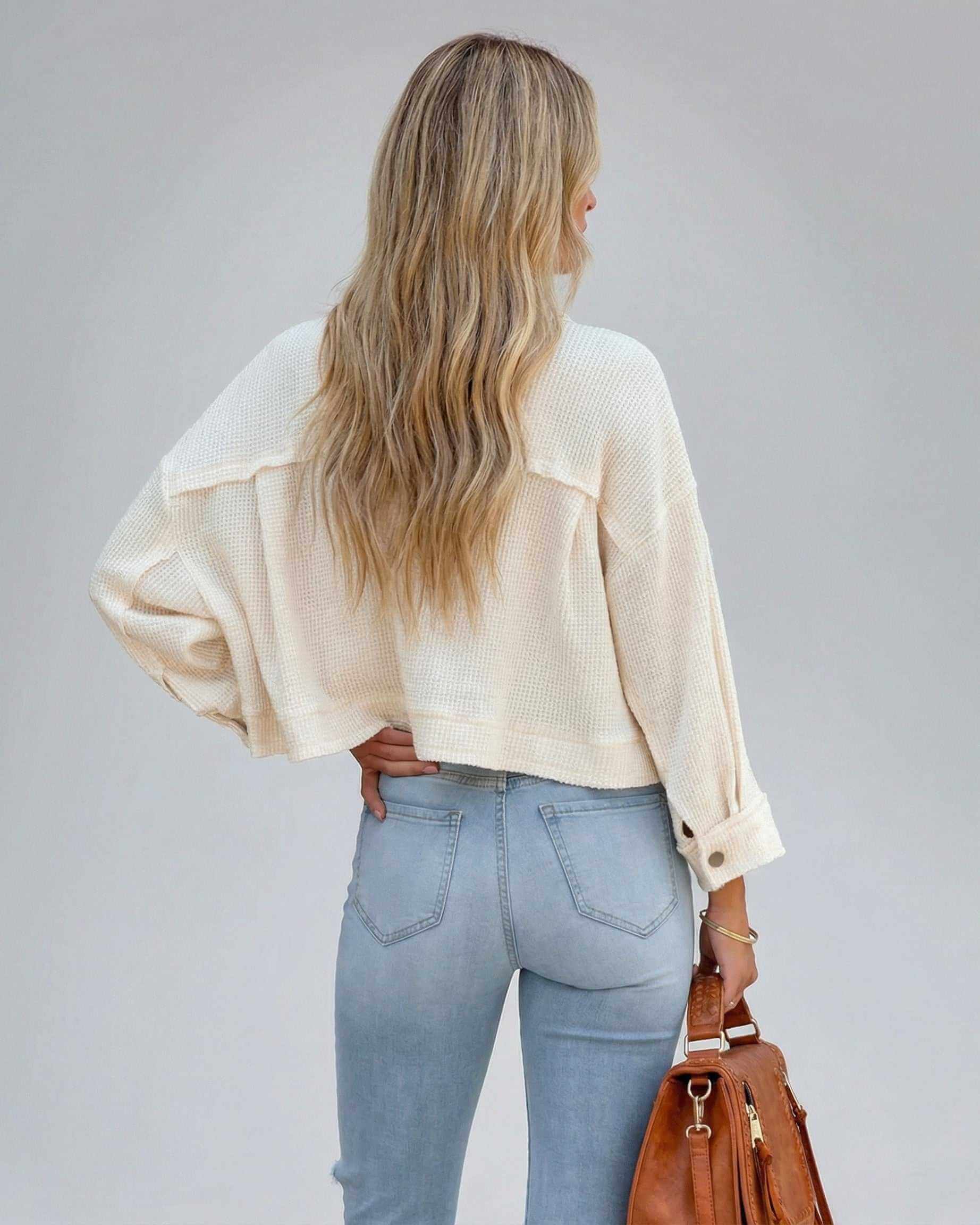 Sahara Jacket by Lauven, women’s cropped jacket in cream with oversized silhouette, perfect for layering.