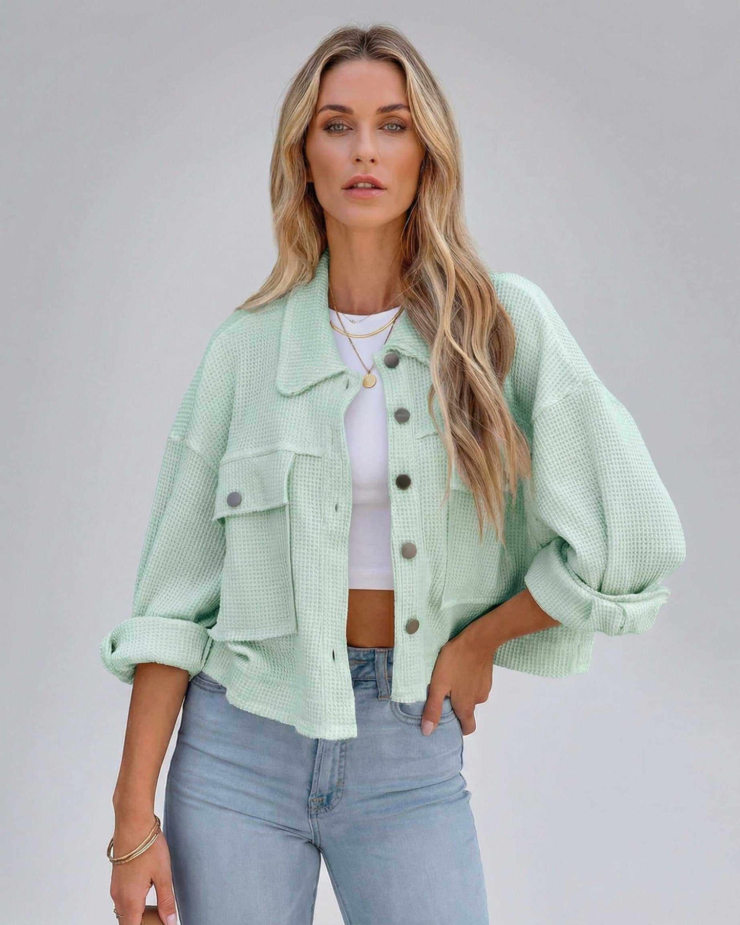 Elara Jacket – Women’s Mint Green Cropped Jacket by Lauven with Oversized Fit and Textured Finish