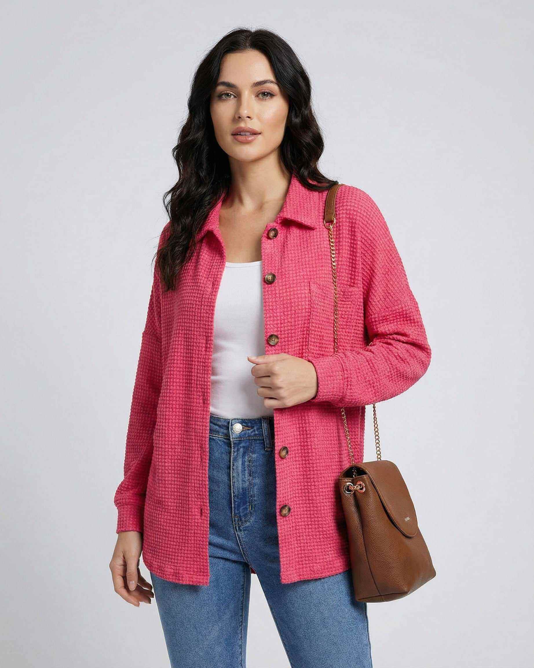 Verona Jacket - Women’s Pink Jacket in Waffle Knit from Lauven for casual style and comfort.