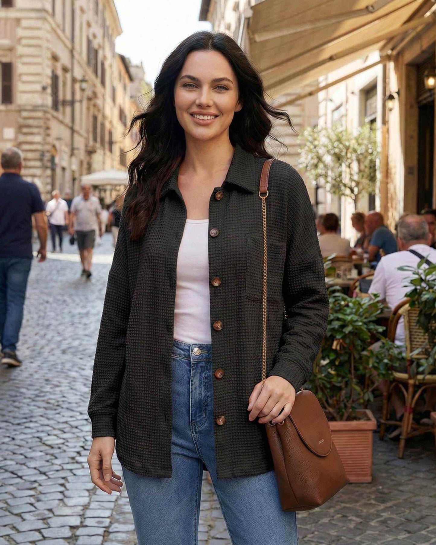Milano Jacket by Lauven, Women's black jacket in waffle knit, casual longline fit, styled in city street.