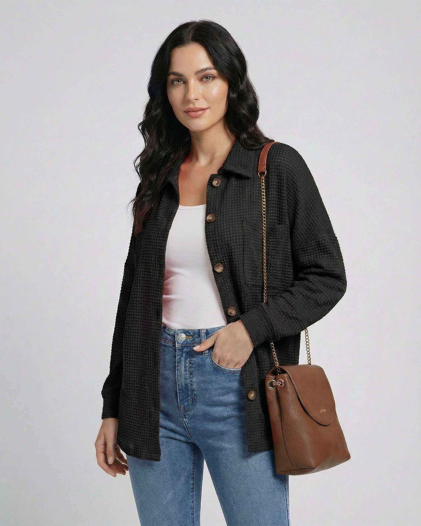 Milano Jacket by Lauven – Women’s black waffle knit jacket with casual fit and collared neck.