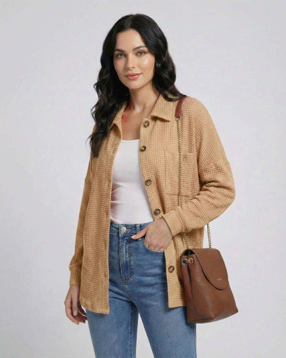 Sienna Jacket by Lauven - Women’s beige waffle knit longline jacket, perfect for casual layering.