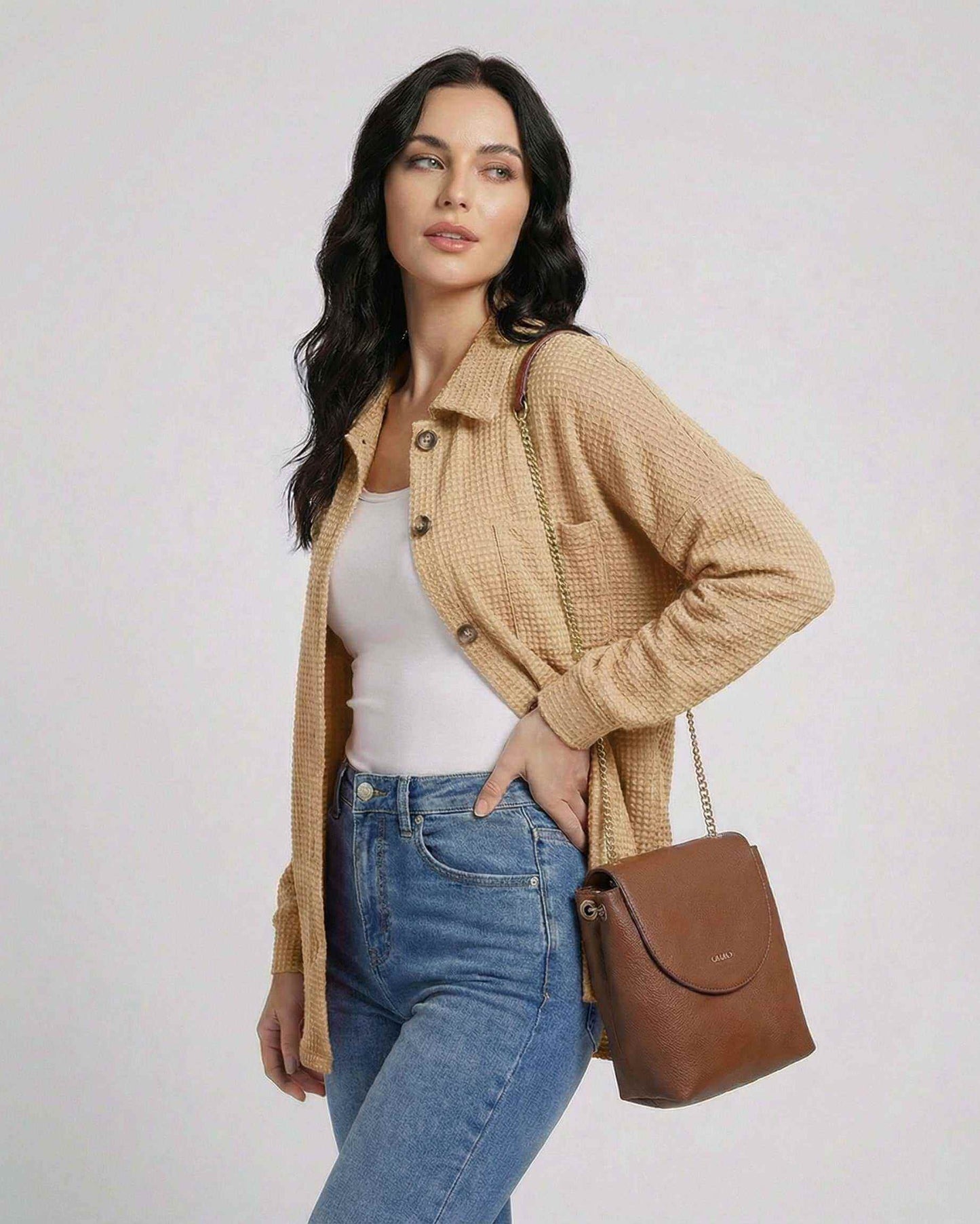 Sienna Jacket by Lauven – Women's beige waffle knit jacket, perfect for casual layering and sophisticated style.