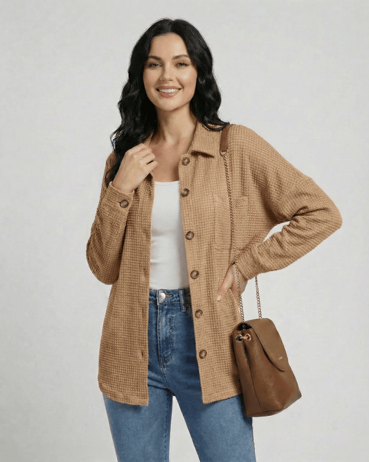 Sienna Jacket by Lauven – Women's beige waffle knit longline jacket, perfect for casual layering.