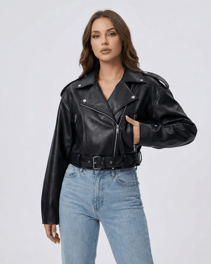 Phoenix Jacket by Lauven - Women's black leather belted moto jacket with structured silhouette