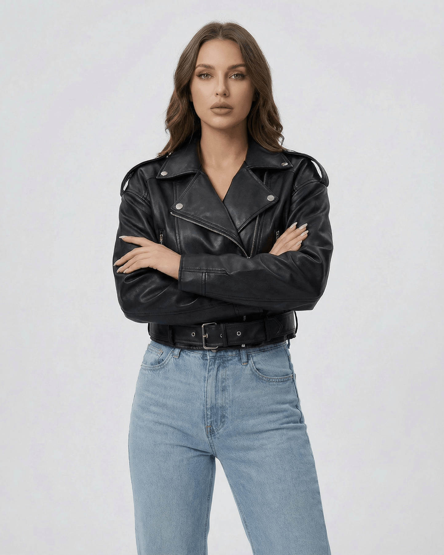Phoenix Jacket by Lauven – Women’s black leather jacket with belted moto silhouette.