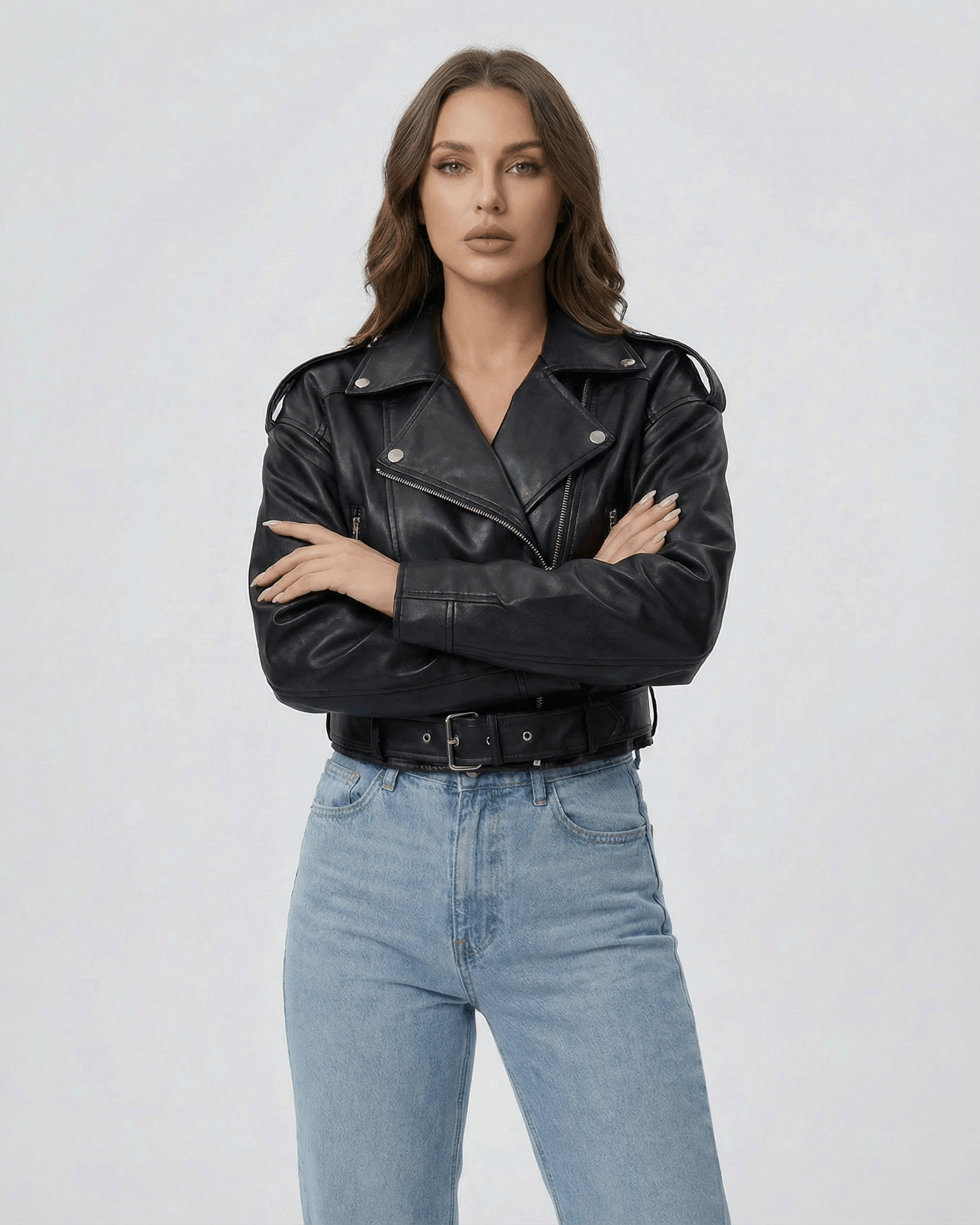 Phoenix Jacket by Lauven – Women’s black leather jacket with belted moto silhouette.