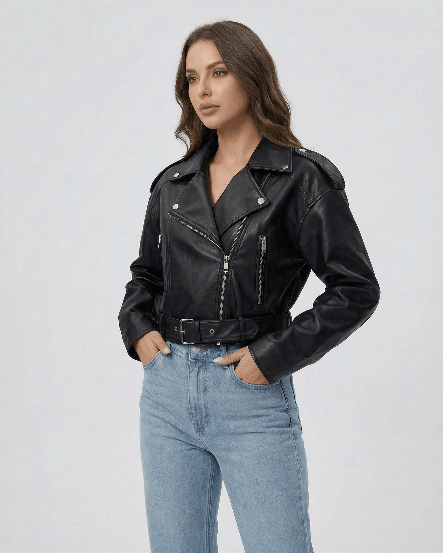 Phoenix Jacket by Lauven – Women’s black leather belted moto jacket showcasing modern style and attitude.