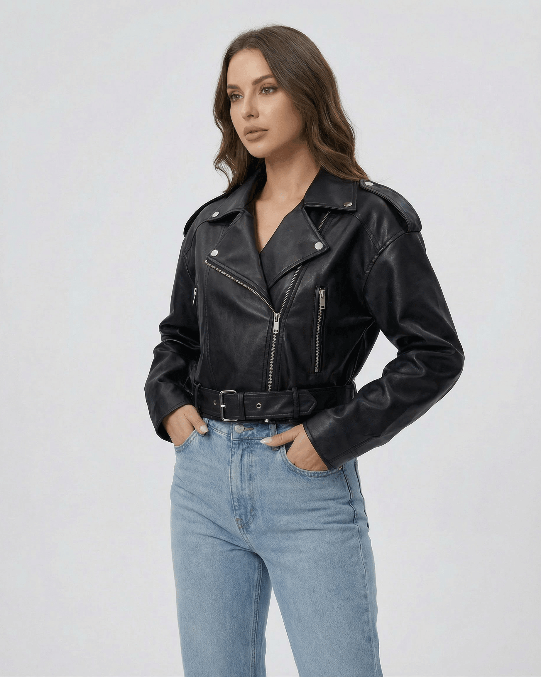 Phoenix Jacket by Lauven – Women’s black leather belted moto jacket showcasing modern style and attitude.