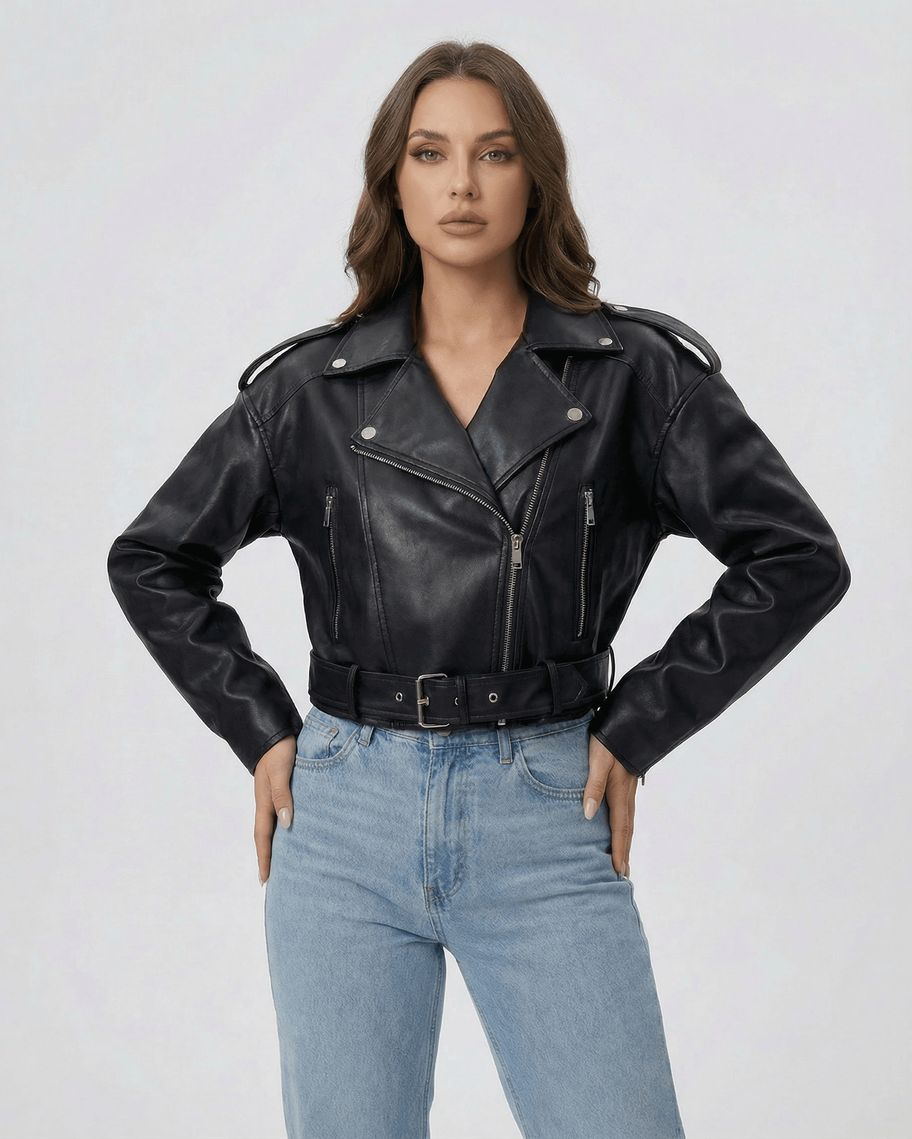 Phoenix Jacket by Lauven – Women’s black leather belted moto jacket with structured fit.