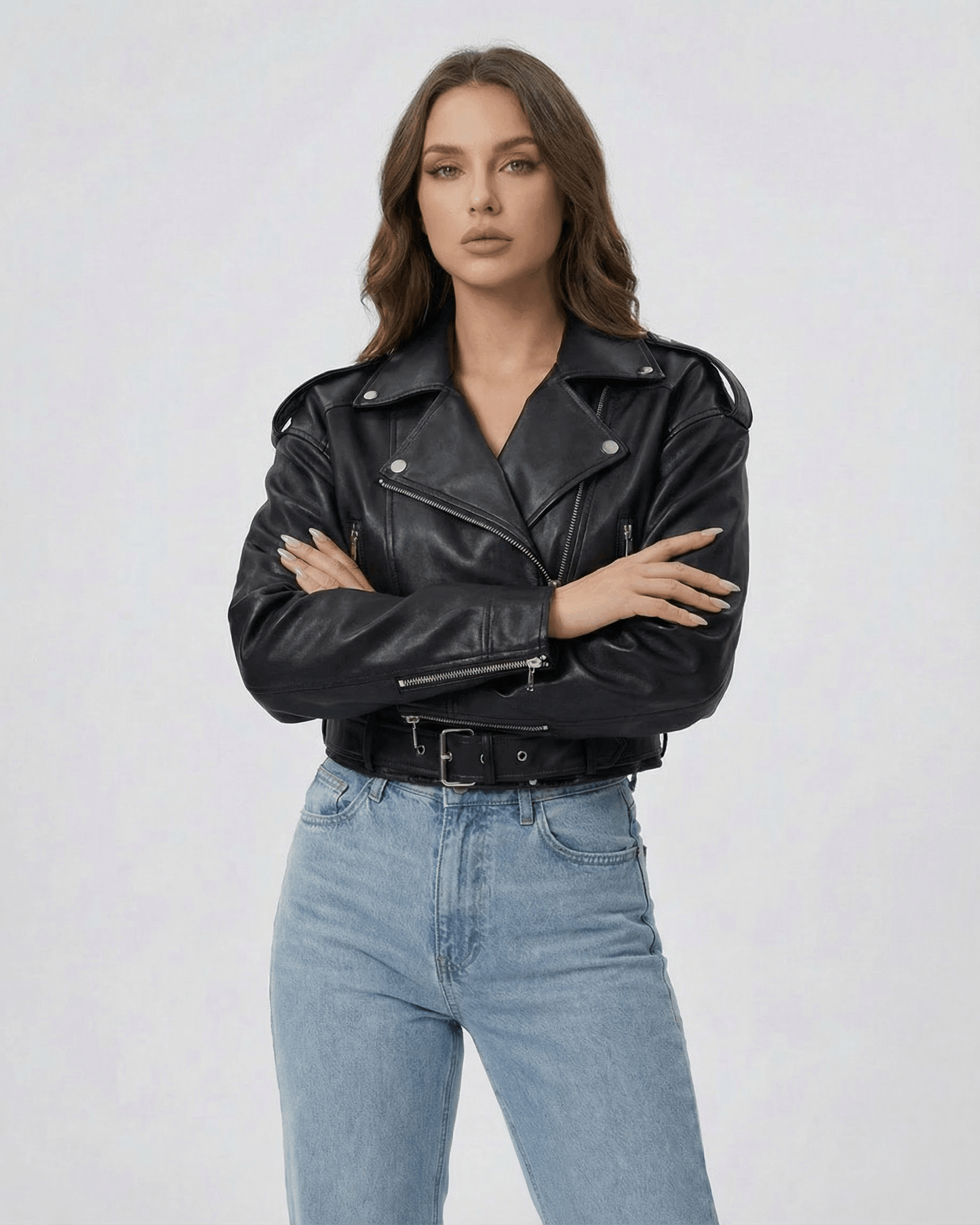 Phoenix Jacket by Lauven – Women’s black leather jacket with belted moto silhouette.