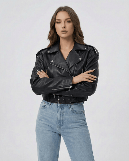 Phoenix Jacket by Lauven – Women’s black leather jacket with belted moto silhouette.
