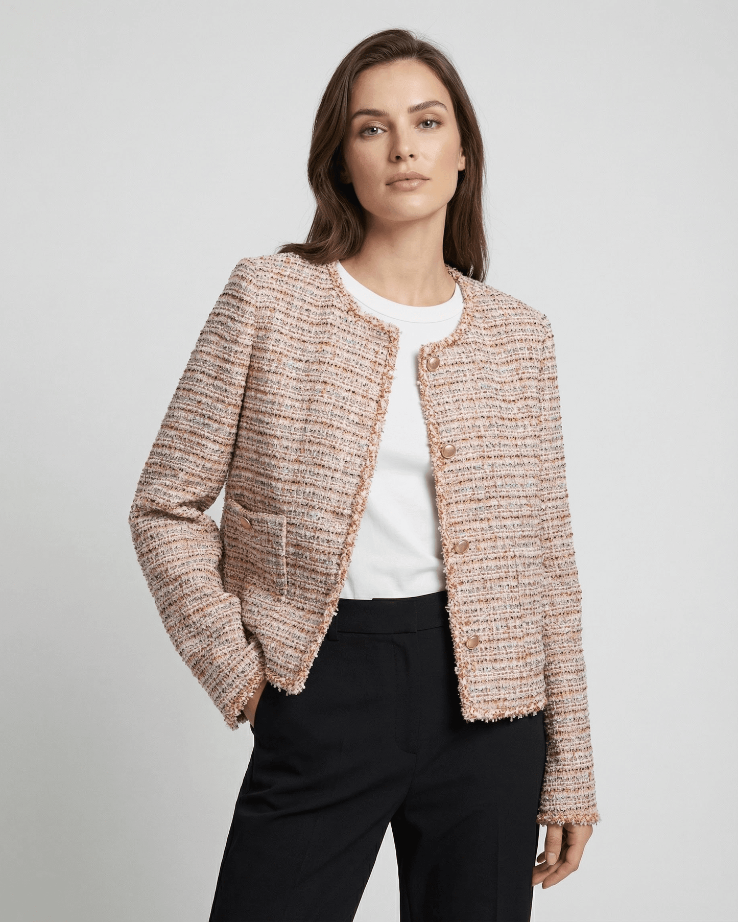 Florence Jacket by Lauven – Women’s elegant tweed jacket in a refined multitone weave.