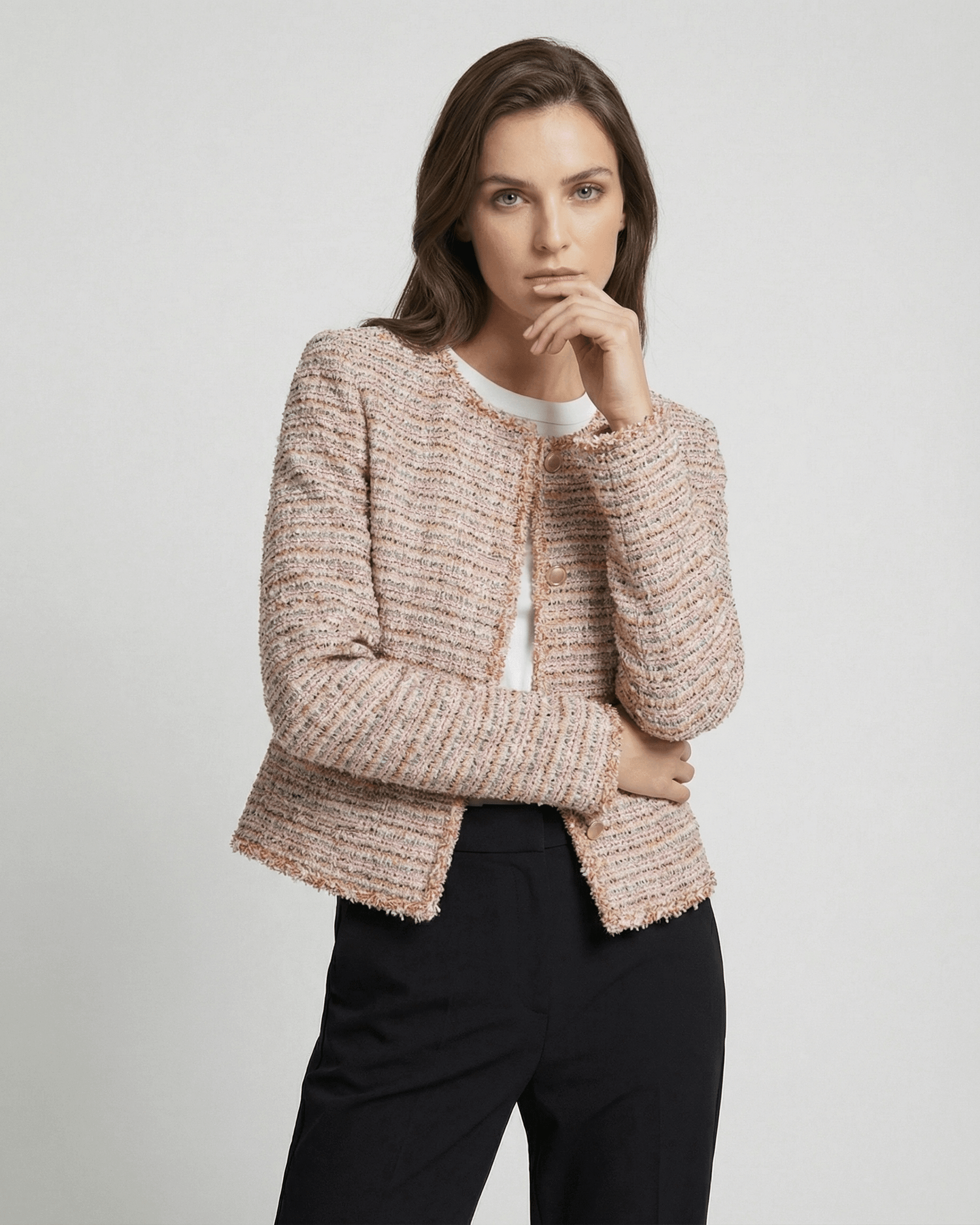 Florence Jacket by Lauven, elegant women's tweed jacket with long sleeves in a refined multitone weave.