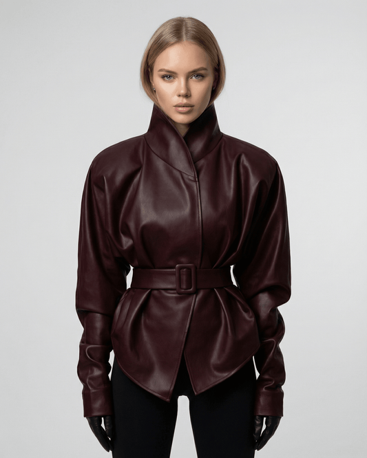Verona Jacket by Lauven – women's burgundy leather jacket with fitted mandarin collar and structured silhouette.