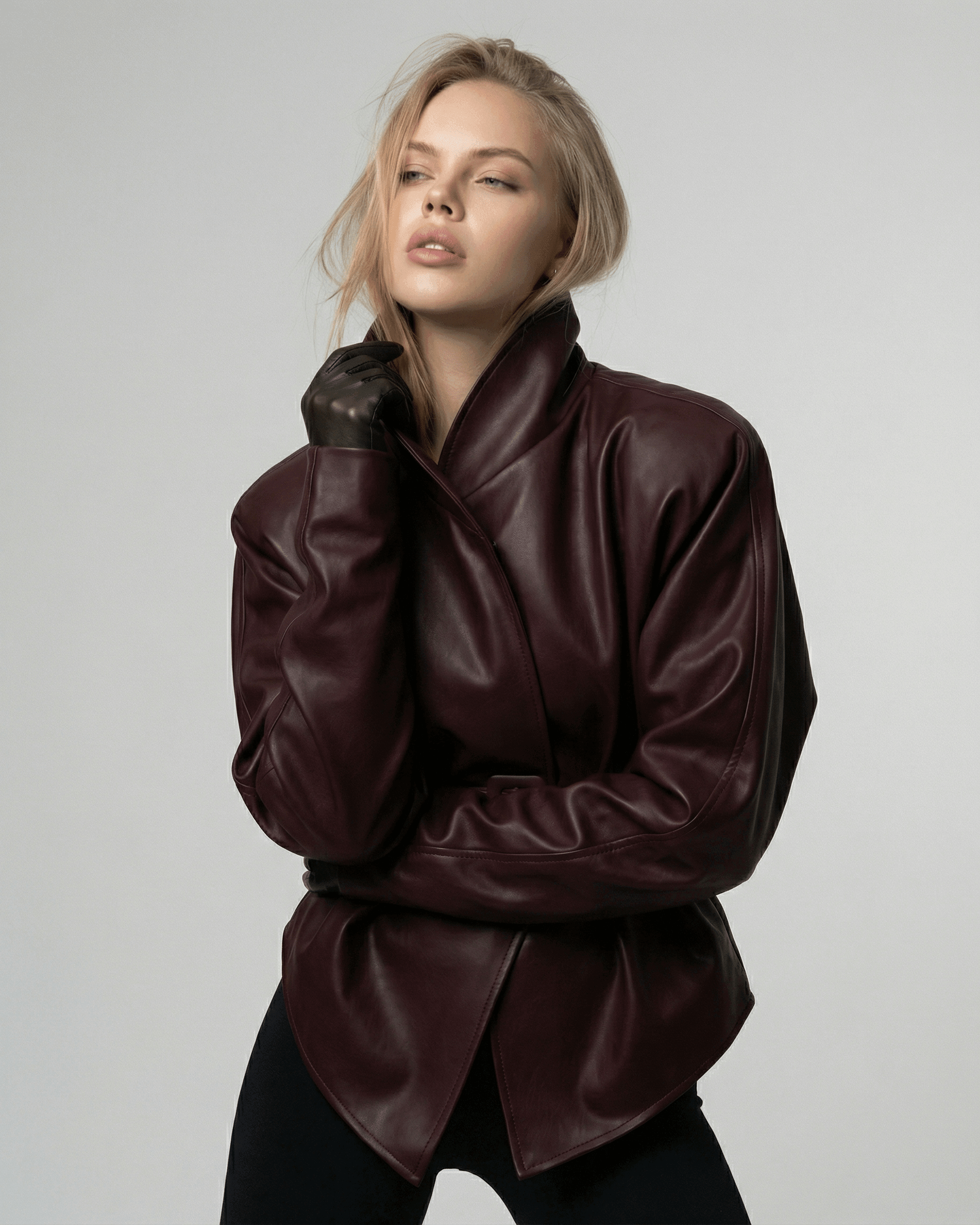 Verona Jacket by Lauven – Women’s burgundy leather jacket with fitted mandarin collar, showcasing modern styling.