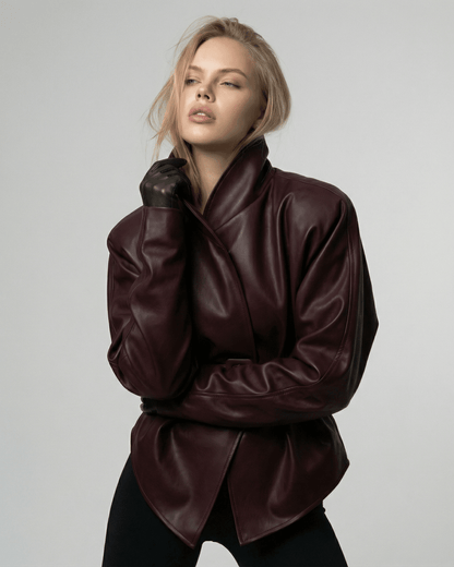 Verona Jacket by Lauven – Women’s burgundy leather jacket with fitted mandarin collar, showcasing modern styling.