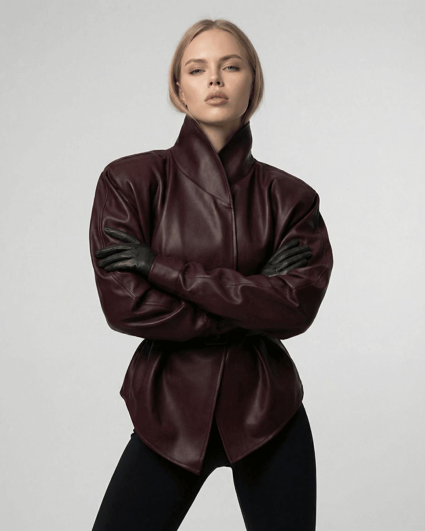 Verona Jacket by Lauven – Women’s burgundy leather jacket with fitted mandarin collar and sculpted silhouette.