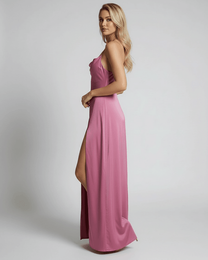 Sorrento Maxi Dress by Lauven – Satin slip maxi dress with high slit in pink, showcasing elegant silhouette.