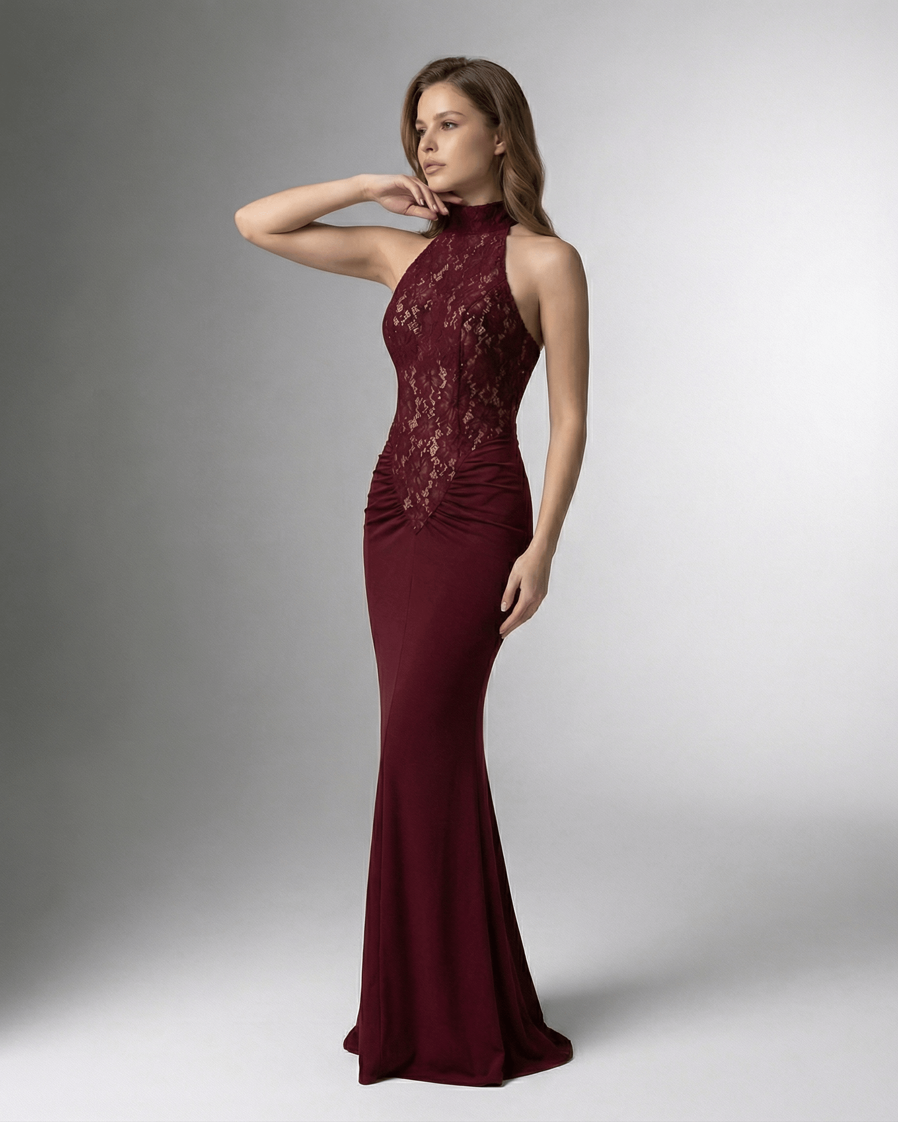 Bordeaux Maxi Dress by Lauven, burgundy halter neck design with lace bodice and sculpted silhouette.