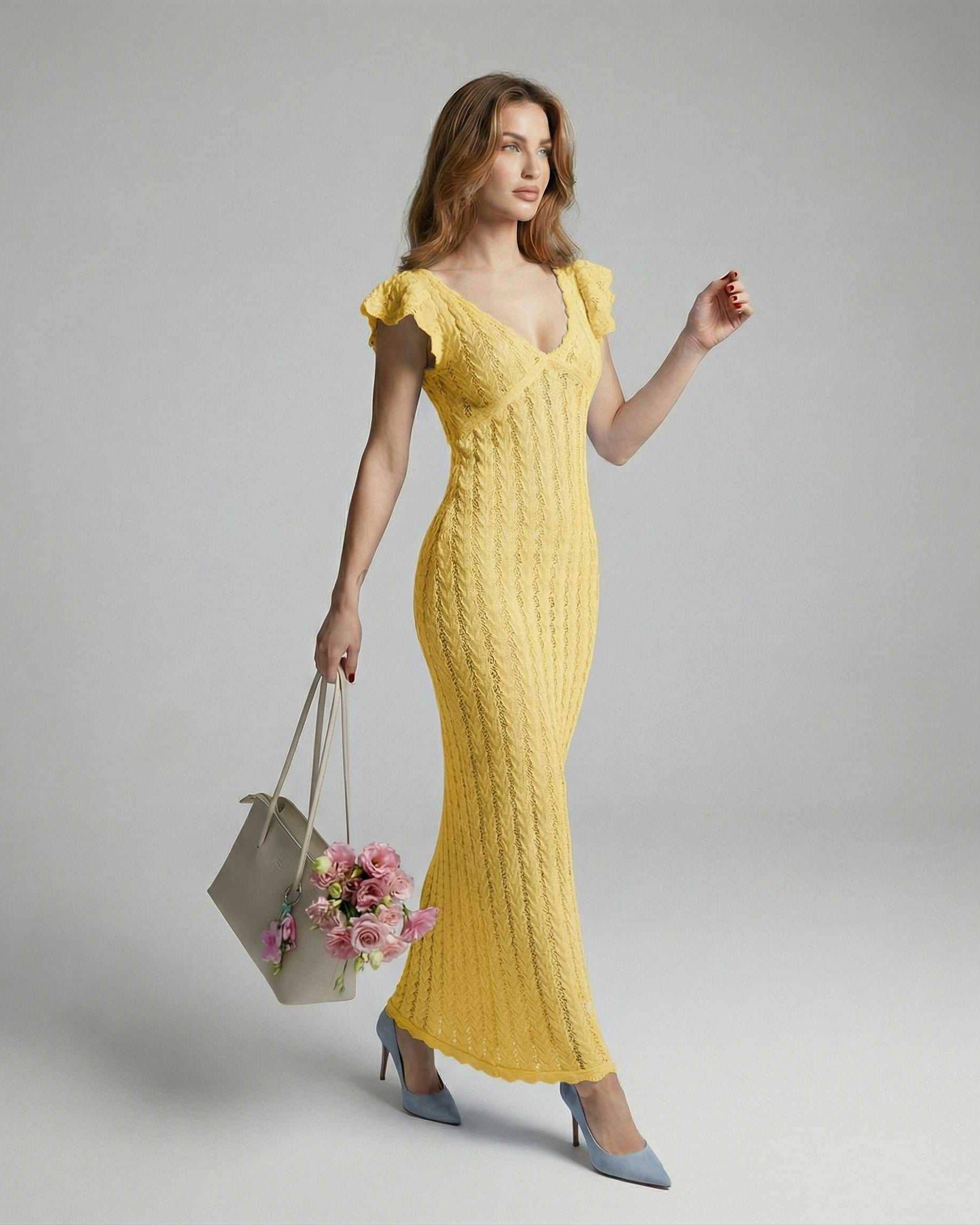 Solara Maxi Dress by Lauven, vibrant yellow lace maxi dress with V-neck and ruffle sleeves, perfect for elegant occasions.