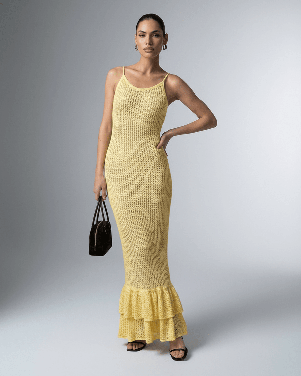 Solara Maxi Dress by Lauven - Yellow bodycon maxi dress with hollow out detail and ruffled hem, perfect for modern looks.