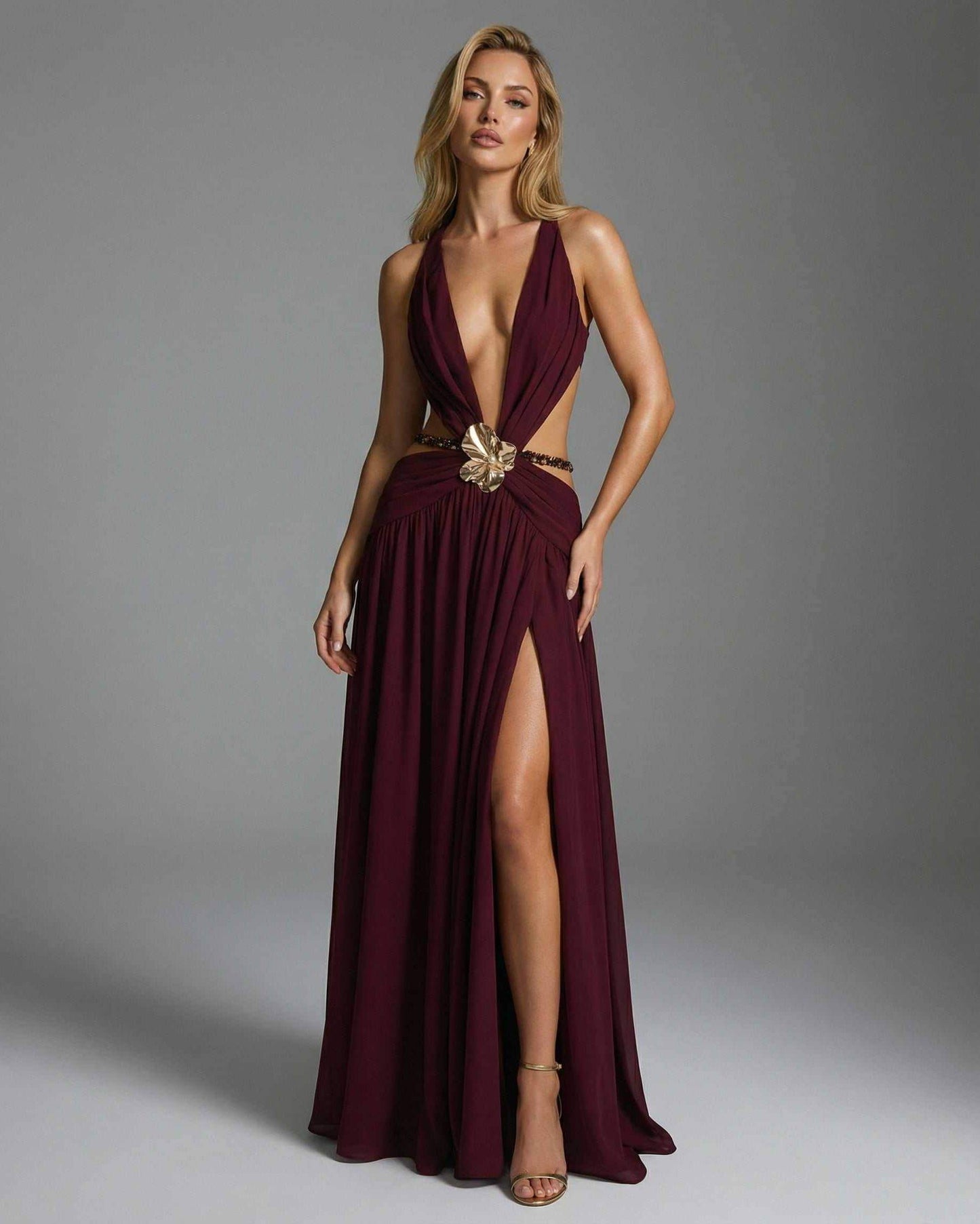 Valencia Maxi Dress by Lauven, burgundy dress with V-Neck and metal embellishment, showcasing elegance and style.