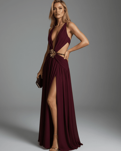 Valencia Maxi Dress by Lauven, a burgundy dress with V-Neck and metal embellishment, perfect for any occasion.