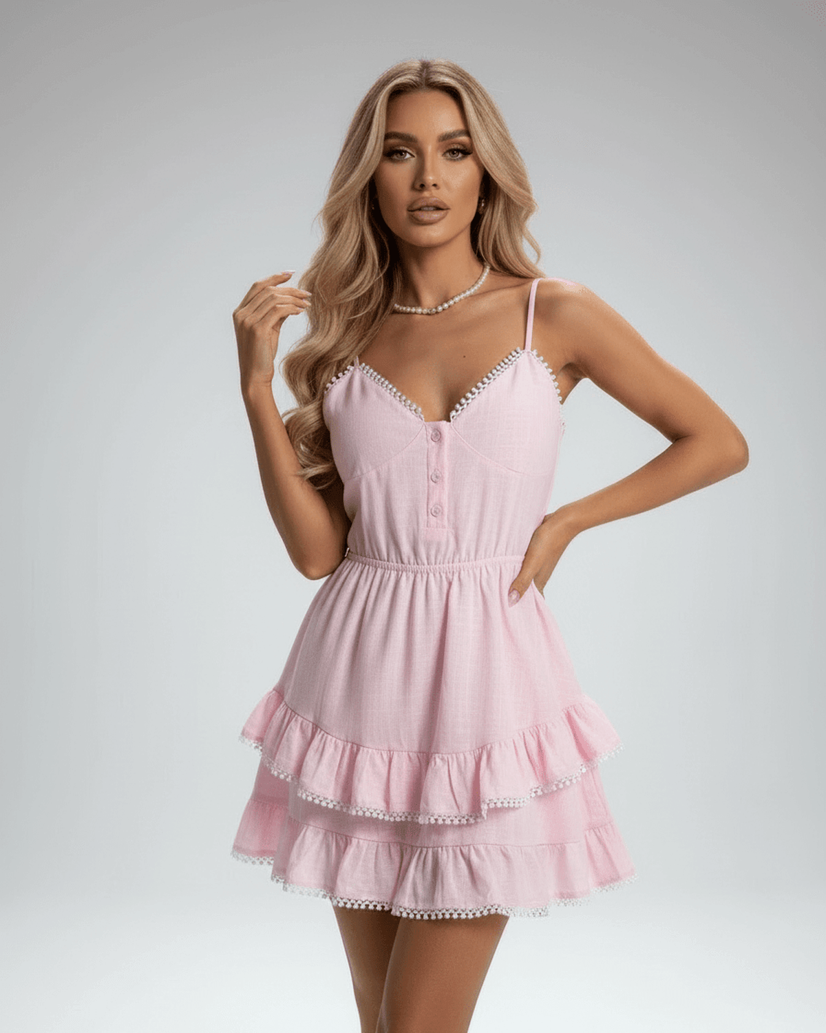 Elara Mini Dress by Lauven – Pink mini dress with tiered ruffle skirt and lace trim, perfect for a feminine look.