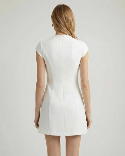 Milano Mini Dress by Lauven – Back view of a refined white mini dress with structured A-line silhouette and cap sleeves.