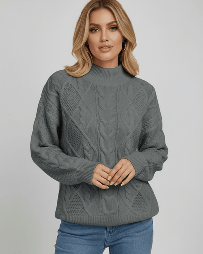 Monaco Sweater by Lauven – Women’s Oversized Cable Knit Sweater in gray for stylish fall winter fashion.