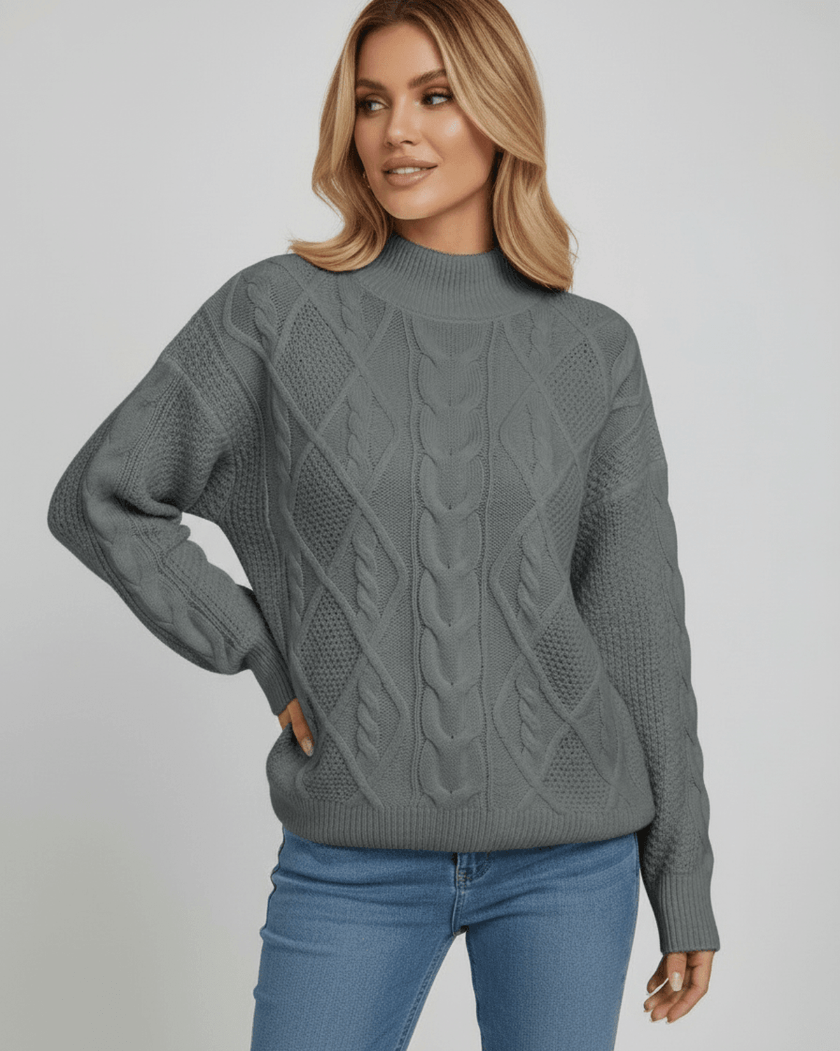 Monaco Sweater by Lauven in gray, featuring oversized cable knit design and structured crew neck for chic fall style.
