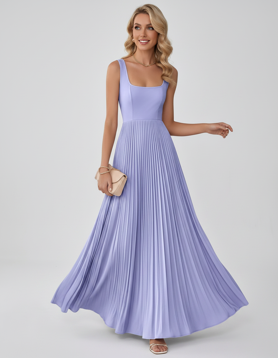 Lavender Satin Sleeveless Square Neck A-Line Maxi Dress | Slimona | SKU: LM-583741962851407-LAVENDER-L,LM-583741962851407-LAVENDER-M,LM-583741962851407-LAVENDER-S,LM-583741962851407-LAVENDER-XL,LM-583741962851407-LAVENDER-XS