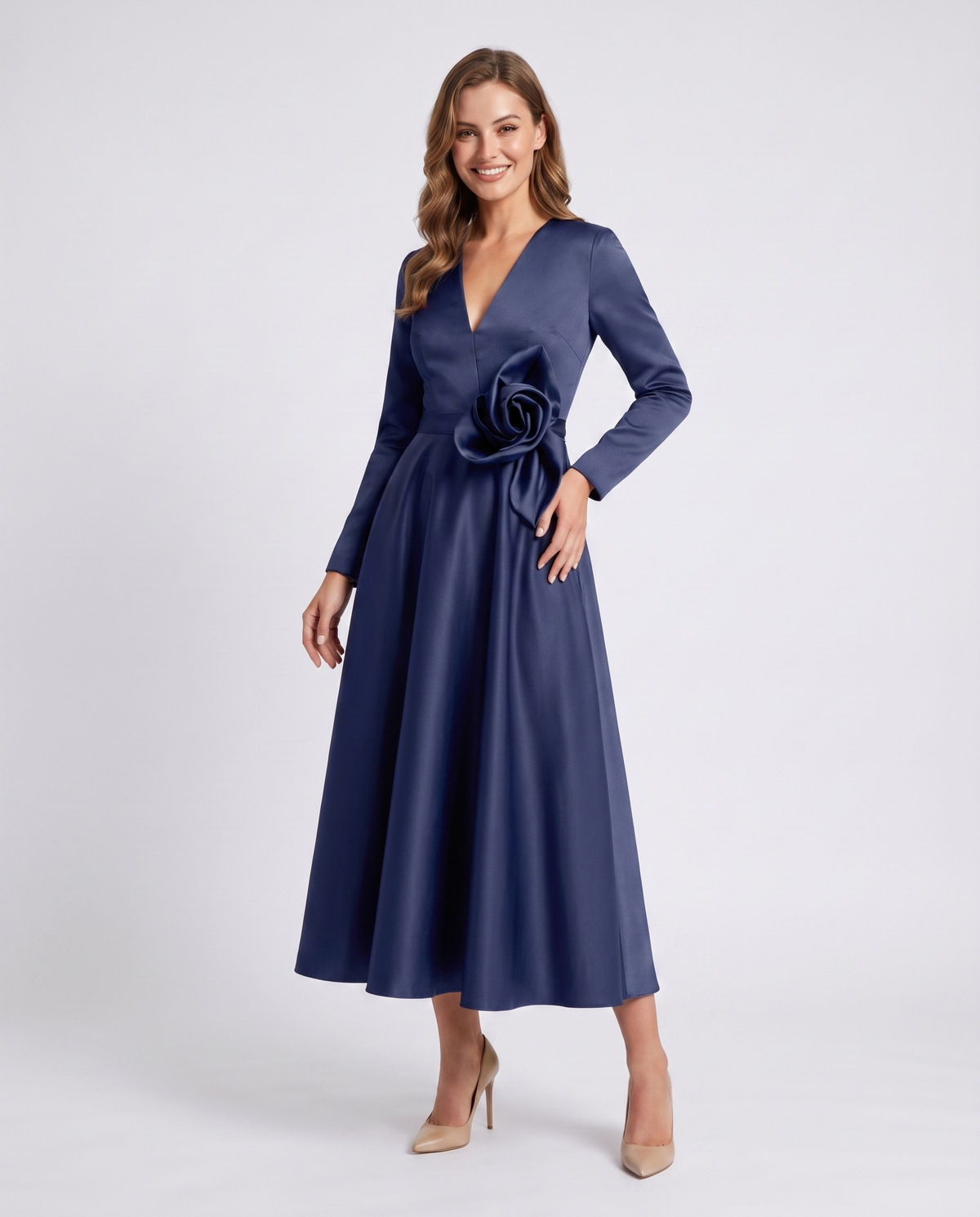 Navy Satin Long Sleeve V-Neck 3D Floral Applique A-Line Maxi Dress | Slimona | SKU: MD-482915736104258-NAVY-L,MD-482915736104258-NAVY-M,MD-482915736104258-NAVY-S,MD-482915736104258-NAVY-XL,MD-482915736104258-NAVY-XS