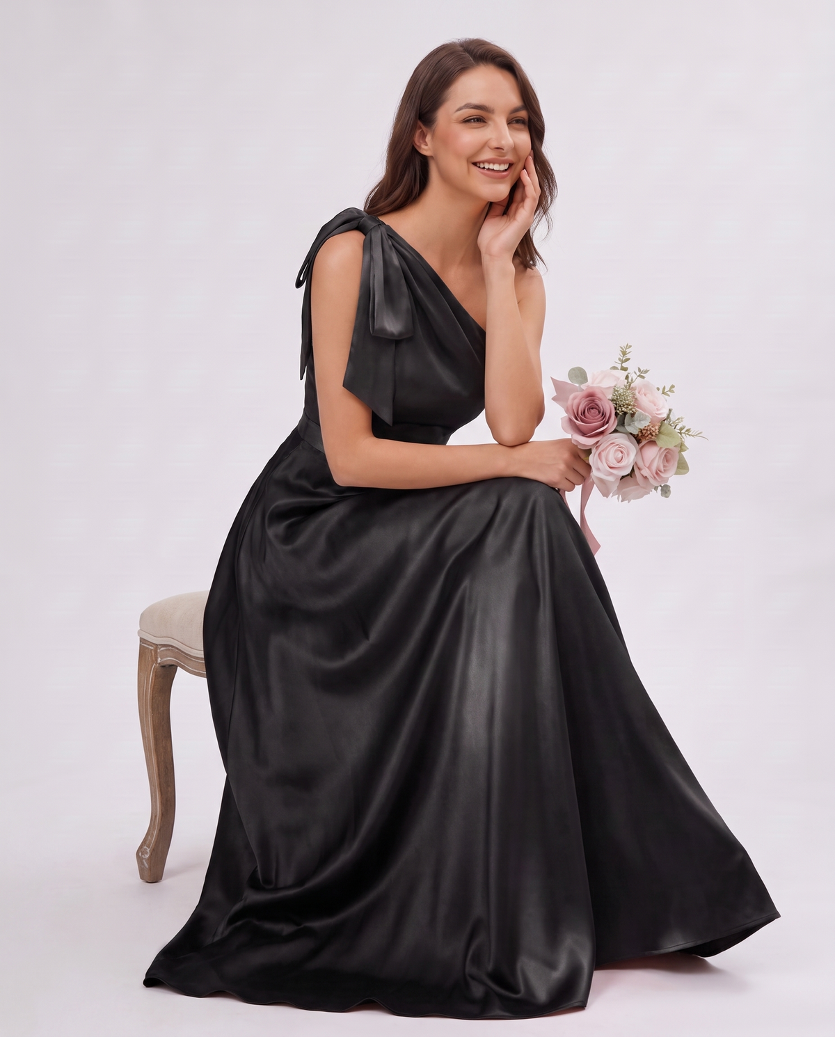 Black Satin Sleeveless One-Shoulder A-Line Maxi Dress | Slimona | SKU: LM-584731926104875-BLACK-L,LM-584731926104875-BLACK-M,LM-584731926104875-BLACK-S,LM-584731926104875-BLACK-XL,LM-584731926104875-BLACK-XS