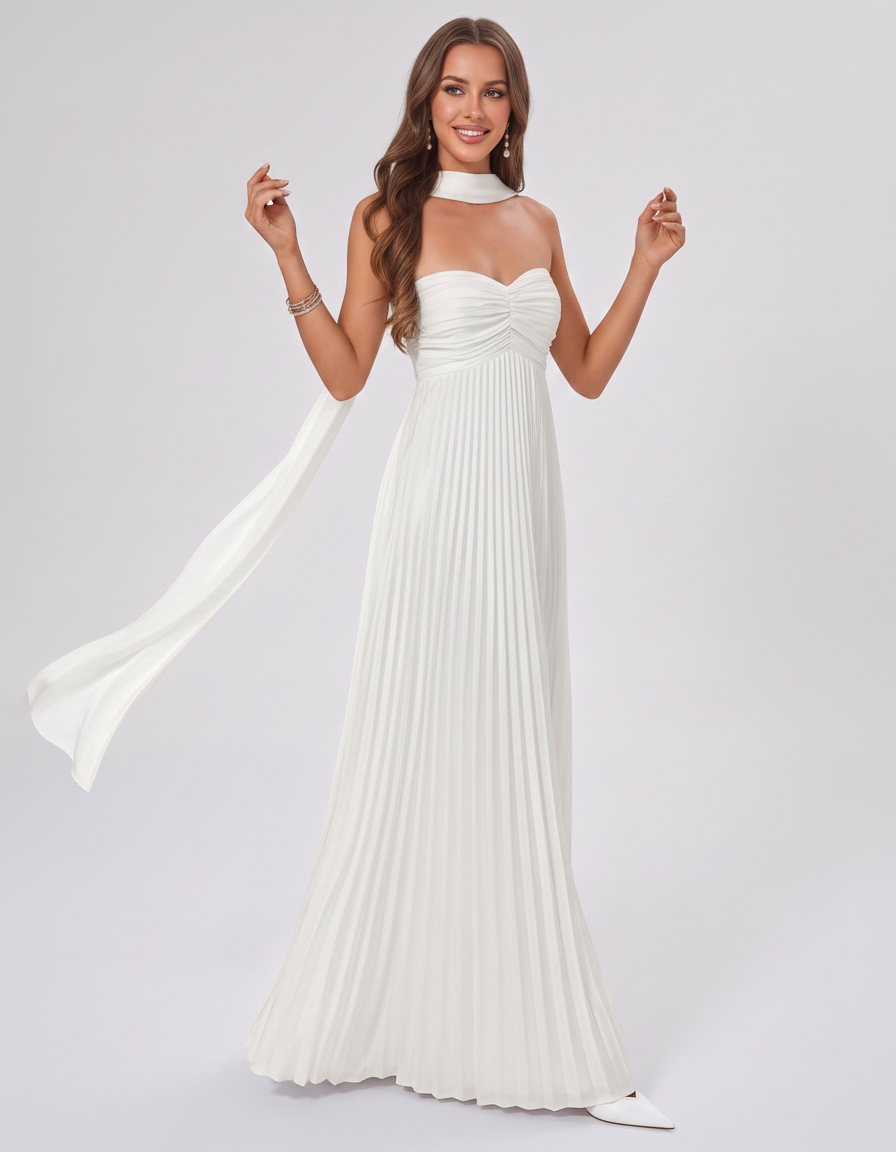 Ivory Pleated Chiffon Strapless Draped Bodice Scarf Detail Maxi Dress A-Line Flowing Bridesmaid Evening Wedding Guest | Slimona | SKU: AMD-123456789012345-IVORY-L,AMD-123456789012345-IVORY-M,AMD-123456789012345-IVORY-S,AMD-123456789012345-IVORY-XL,AMD-123456789012345-IVORY-XS