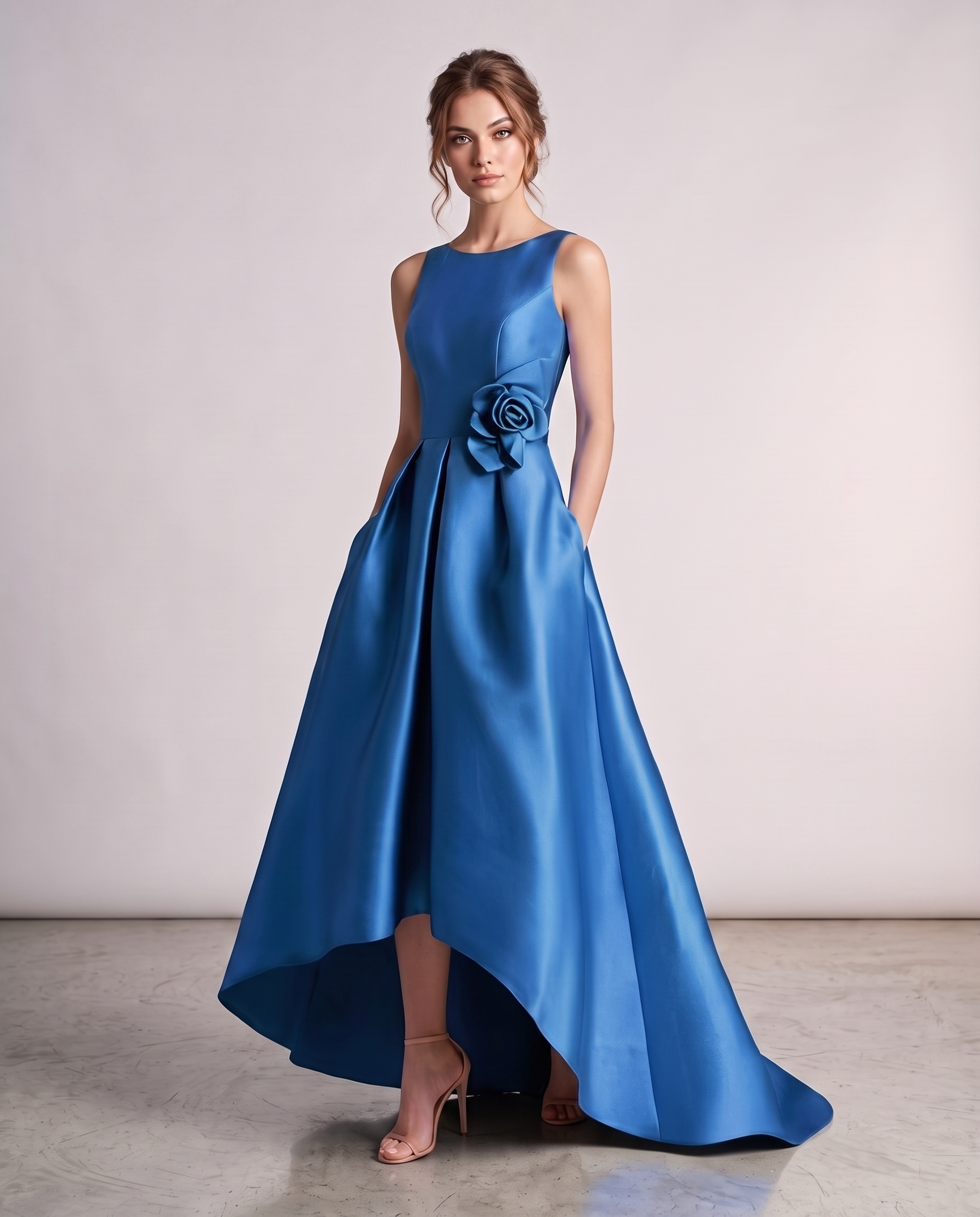 Satin Sleeveless Crew Neck A-Line High-Low Maxi Dress with Pockets for Wedding Guest, Party, Cocktail, Evening & Formal Event