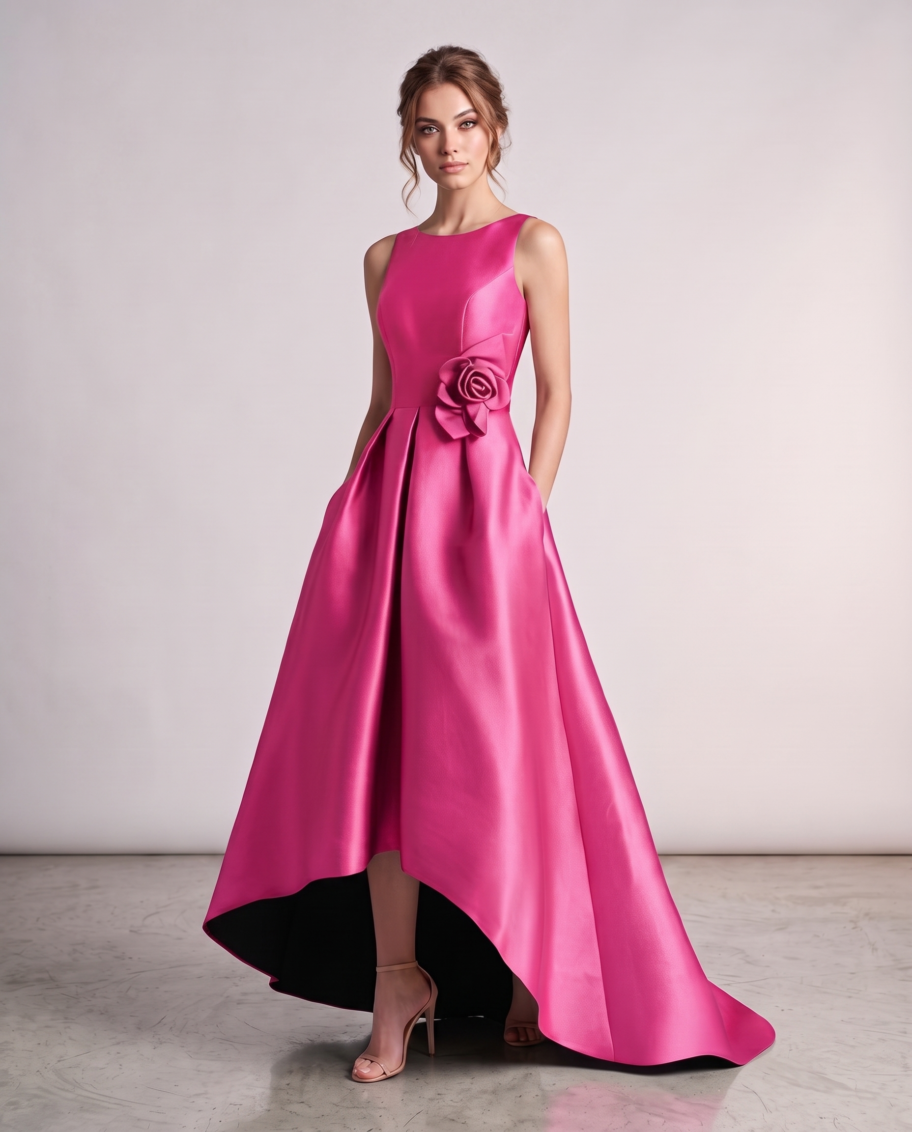 Satin Sleeveless Crew Neck A-Line High-Low Maxi Dress with Pockets for Wedding Guest, Party, Cocktail, Evening & Formal Event